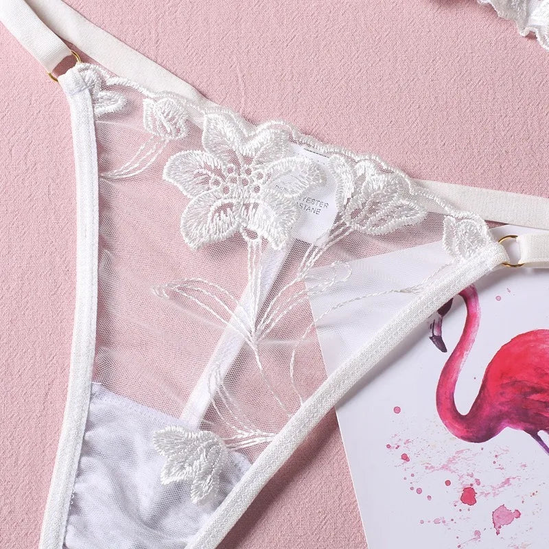 Womens Lingerie Set  White Embroidered Fish-bone Bra Underwear, Thong, Tank Top - A Set of Sexy Lingerie in A Variety of Styles