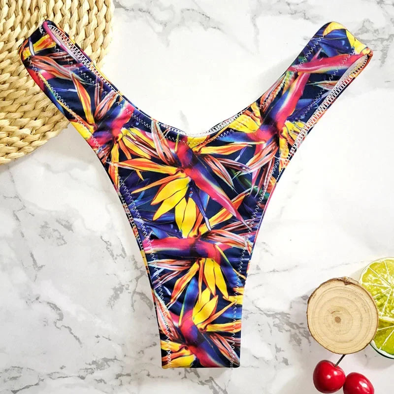 New Floral Print Brazilian Bikini Bottom Women's Swimwear High Waisted Sexy V Thong Swimsuit Bathing Suit Women Swimwear Women