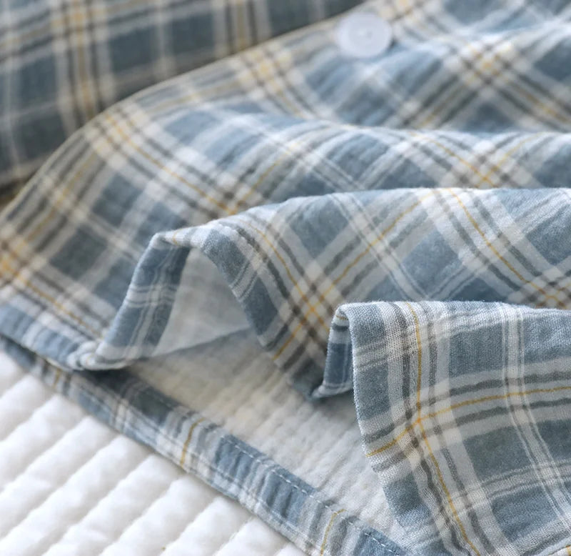 Men's 2-Piece Pajama Set - Japanese Plaid Sleepwear, Cotton Gauze Short Sleeve & Shorts, Lightweight & Breathable Relaxed Fit, S