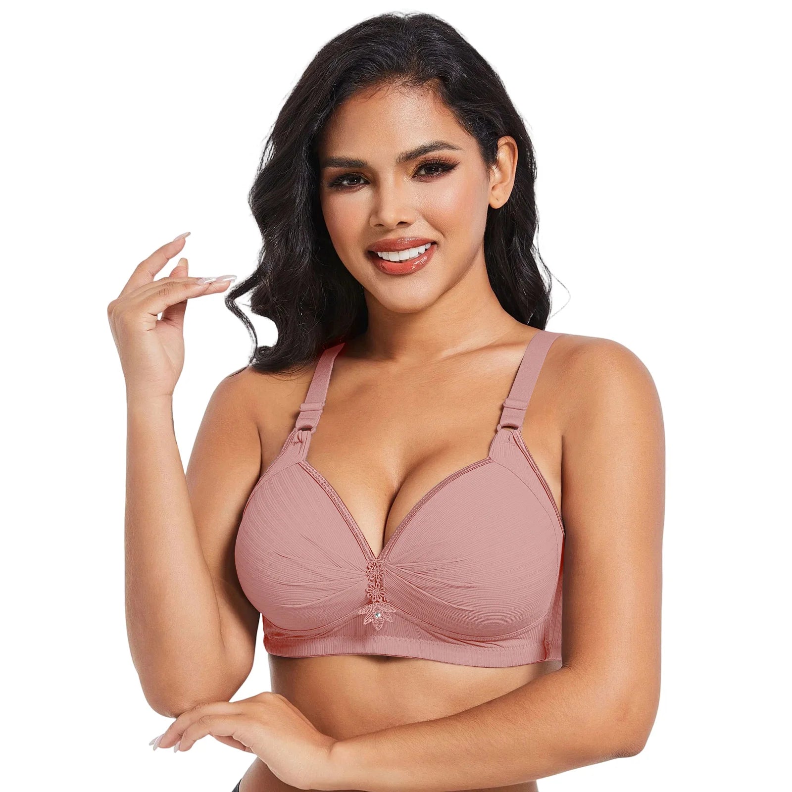 Elegant Skin Tone Textured Bra Chic Wireless Full Coverage Underwear Stylish Push Up Rhinestone Detail Lingerie Women