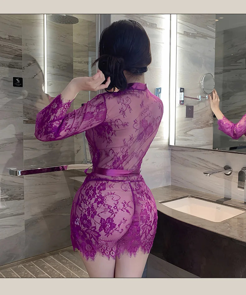 Sexy lingerie lace sexy women purple perspective seductive long skirt Women's corset Schoolgirl costume Sexual fantasy Sex shop