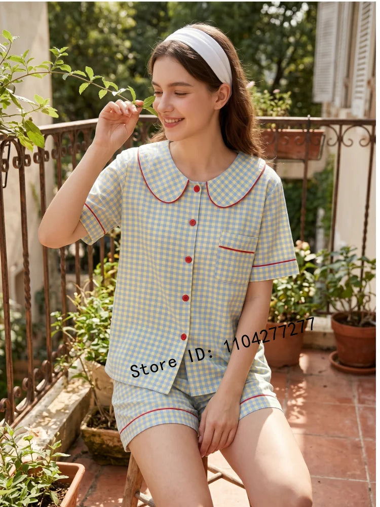 Three-Piece Women's Pajama Set, Plaid Button-Down Loungewear, Short Sleeve Cardigan Sleepwear, Casual Home Wear