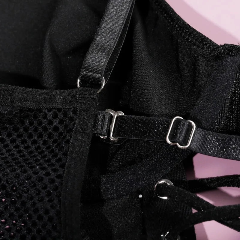 Sexy Fetish Lingerie Sets for Women 2 Piece Leather Sheer Mesh Corset Tops Bodysuit Exotic Underwear Bandage Push Up Bra Panties