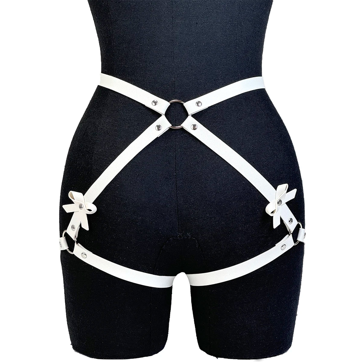 Women PU Leather Decor Harness Sexy Bow Bondage Suspender Erotic Lingerie Thigh Garter Belt Adjustable Waist Accessories