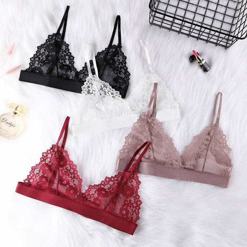 Plus Size Romantic Full Lace Bralette for Women Sexy French Style Sheer Wireless Bra Ultra Thin Hollow Out Demi Cup Brassiere