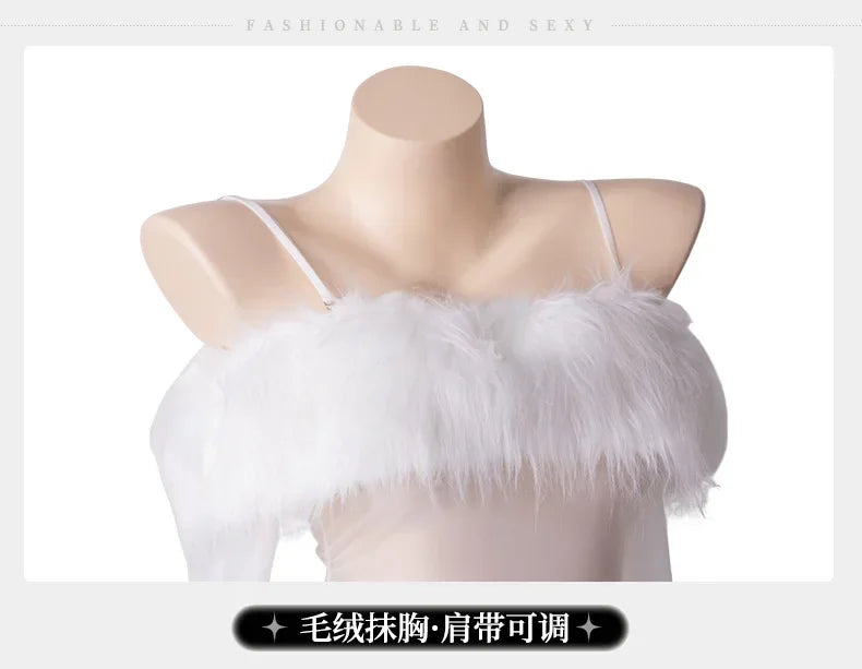 Sexy Lingerie See-through Plush Dress Women's Off-the-shoulder Mini Dress Lingerie Exotic Strappy Tube Top Camisole Hip Skirt