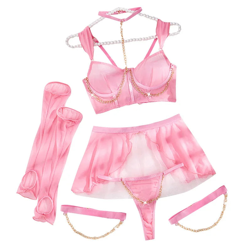 Sexy Lingerie Set with Gloves Pure Desire Skirt Women Solid Perspective Exotic Apparel Suit Female Elegant See Though Underwear