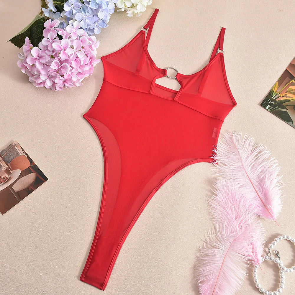 Sheer Mesh Bodysuit Open Back Lingerie Sexy See-Through Teddy Cut Out Front Daring Provocative Underwear Bodysuit for Women