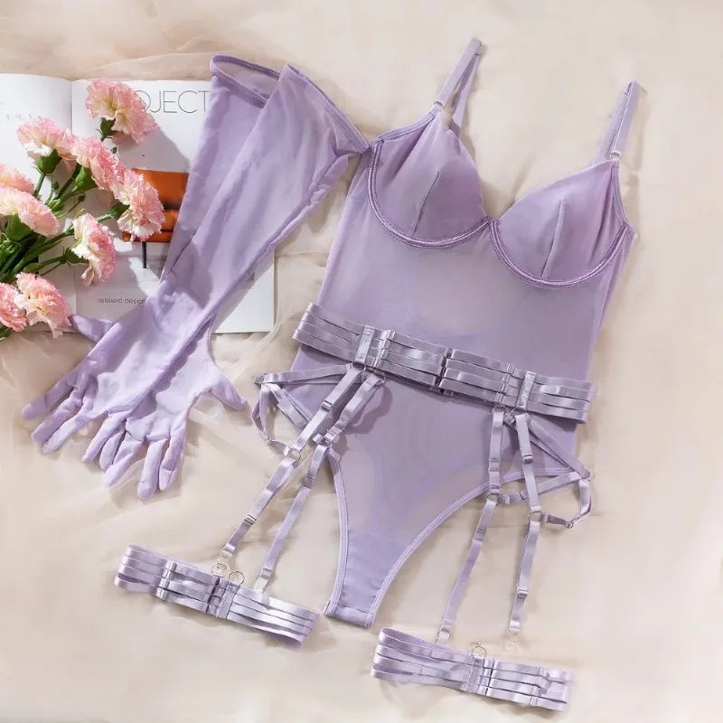 Sexy Sensual Lingerie Sets for Women See Through Mesh Lace Tight Bodysuit with Gloves Garter Exquisite Underwear Erotic Costumes