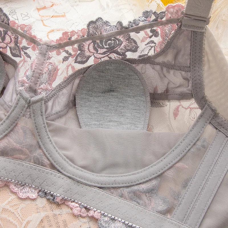 Women's Full Coverage Floral Embrodiery Ultra-thin Bra Lingerie 34 36 38 40 42 44 46 48 B C D E F G H