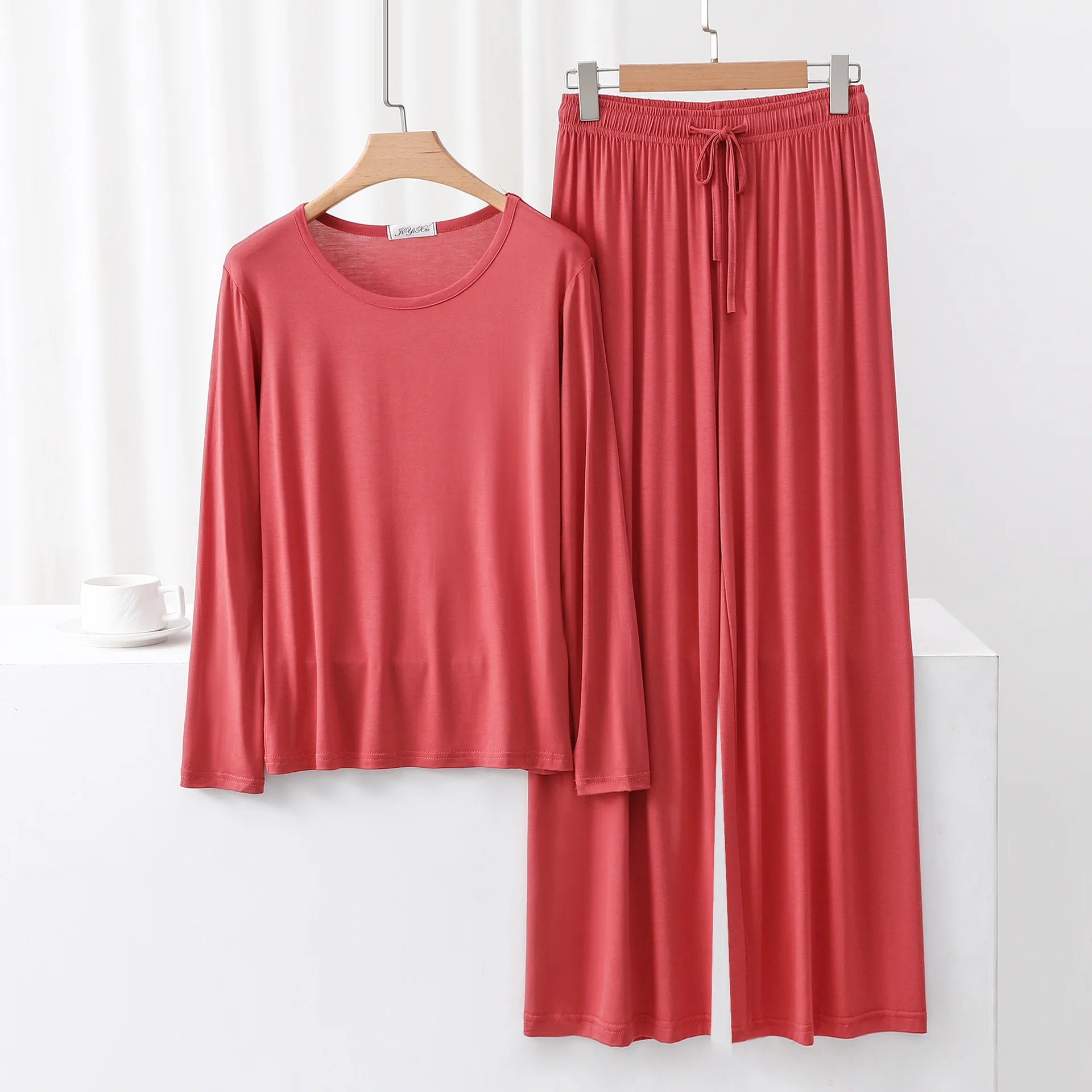 Modal Pajama Sets 2 Piece O-Neck Long sleeved Tshirt and Wide Leg Pant Ankle Length Loose sleepwear set Comfort homewear suits