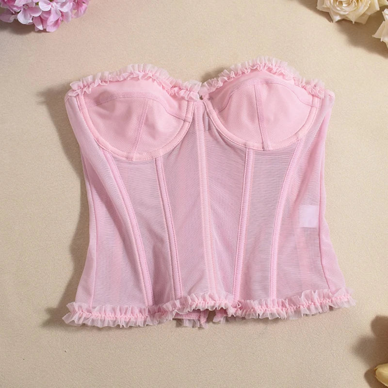 Women Sheer Lingerie Streetwear Lace-up Bustier Corset Tops Slim Backless y2k Tank Top Strapless Striped Sheath Sexy Camisole