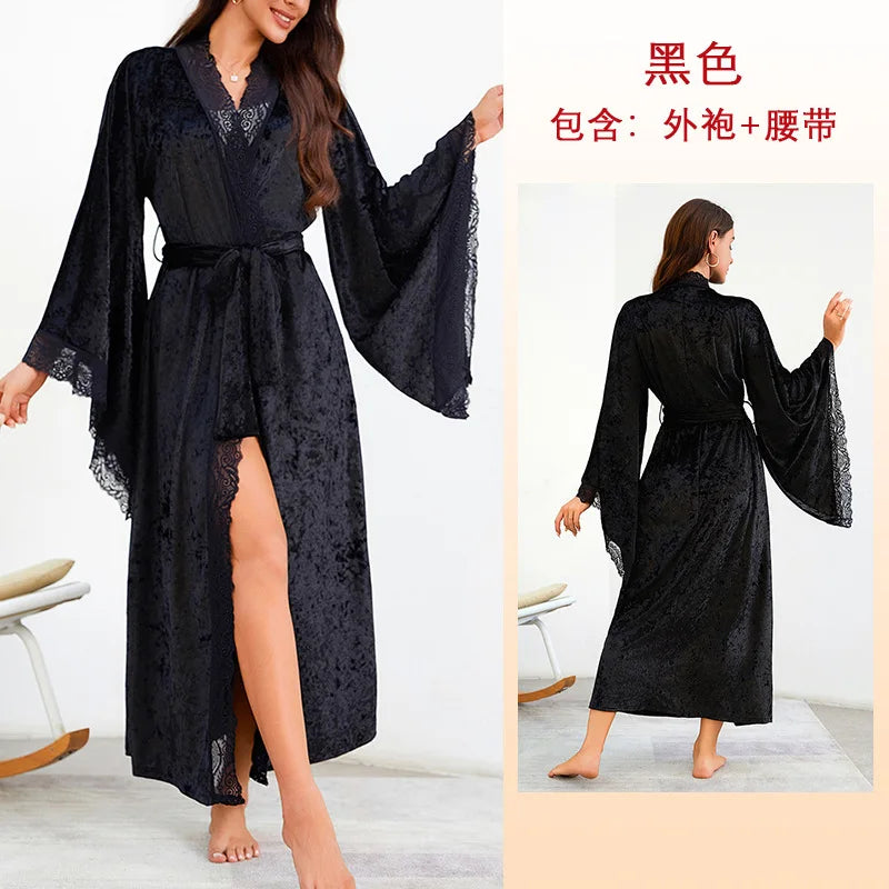 Lace Kimono Intimate Lingerie Velour Robe Women Long Nightgown Sleepwear Wedding Bride Party Gift Loungewear Nightwear
