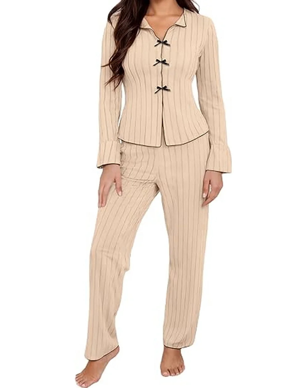 Ribbed Knit Pajama Sets Long Sleeve Lounge Set for Women  Button Top Full Length Pants 2 Piece Fall Casual Outfit Sets