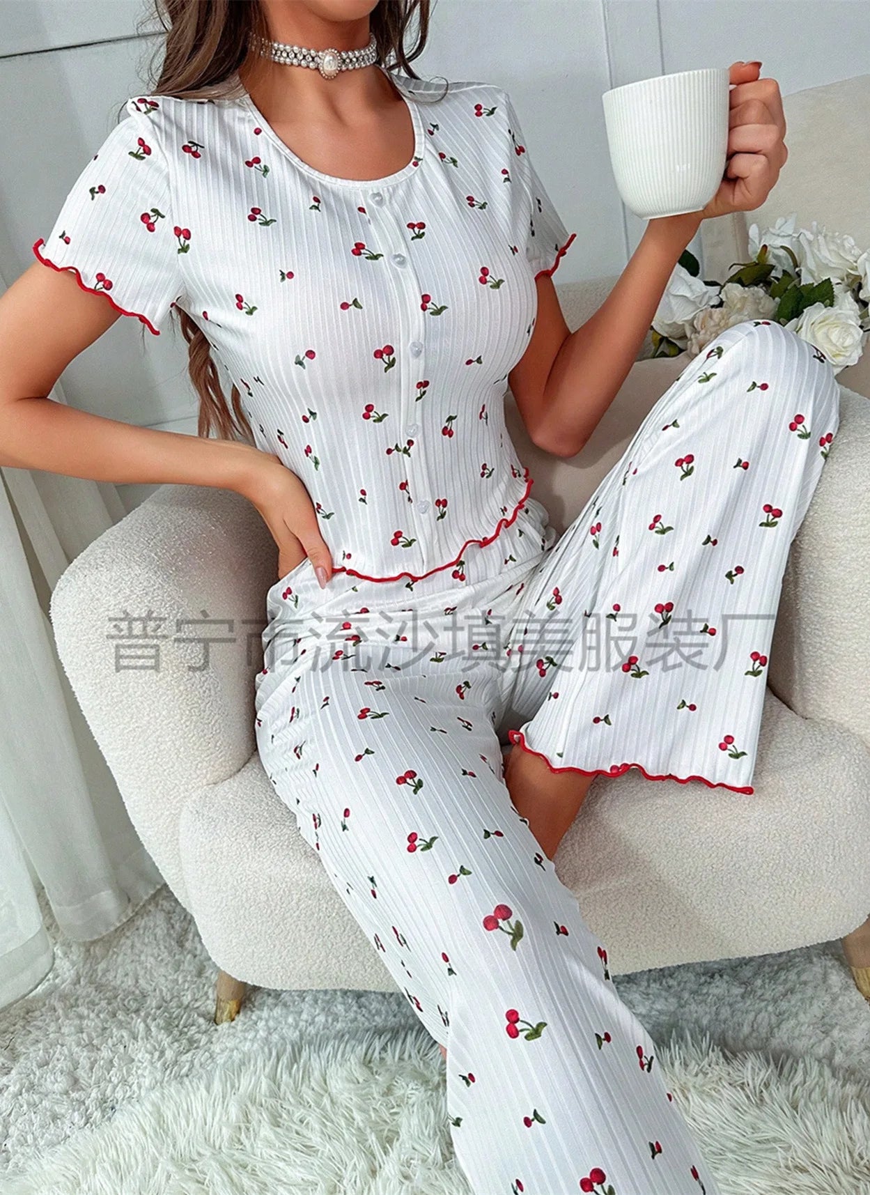 Comfortable pajama set, featuring a Cherry  printed short sleeved top and elastic waistband with lotus edges