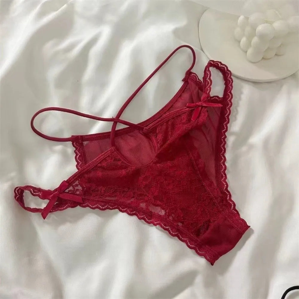 Lingerie Bow Lace Flower Panties Low Waist Hollow French Style Briefs Transparent Thin Strap Lace Mesh Briefs Gifts