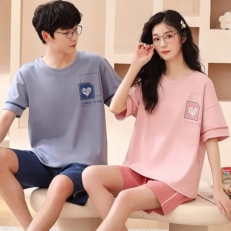 Lovers Pajama Set Cotton Cartoon Cute Nightwear For Men Women Homewear Plus Size Summer Thin Pyjamas Couples Pjs Loungewear