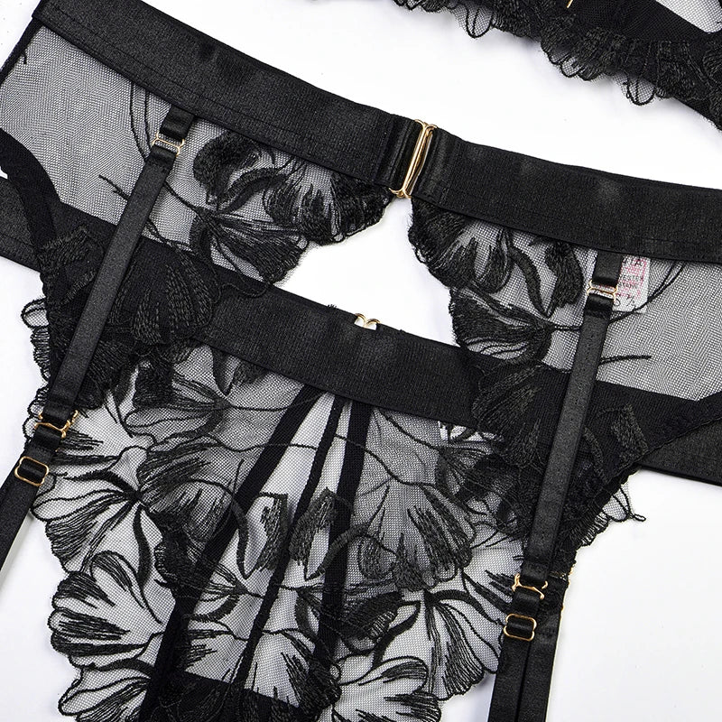 Lace Bras Embroidery Lingerie Sets Bra Garter Panty Sets Exotic Lingerie for Ladies Sexy Mesh Bra Intimate Outfits Transparent
