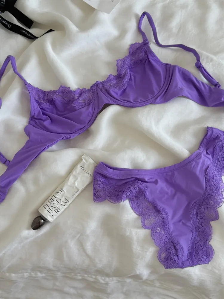 Pink Unlined Full Cup Bra Set Underwire Lace Trim Lift Comfortable Minimalist Seamless Skin-friendly Everyday Bras and Panty