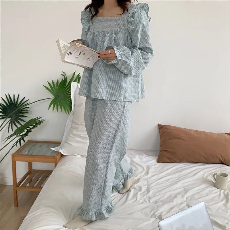 Pajama Sets Women Plaid Harajuku Schoolgirl Sweet Style Autumn Simple Sleepwear Square Collar Ins Popular Lovely Nightwear Daily