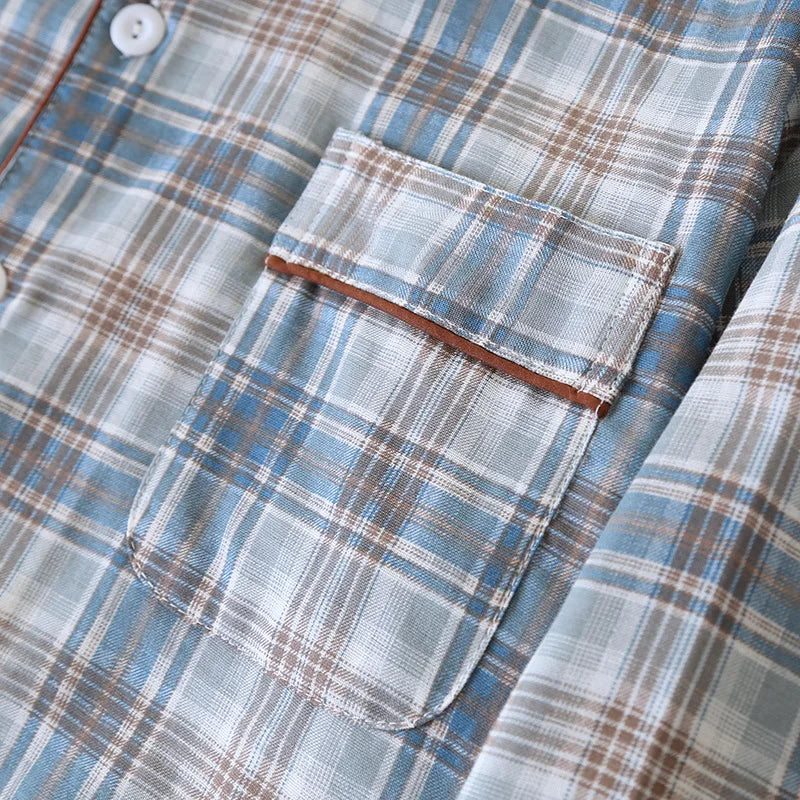 2026 Japanese New Men's Pajama Set Spring/Summer Checkered Simple Long sleeved Two Piece Set 100%Cotton Cardigan Home Furnishing