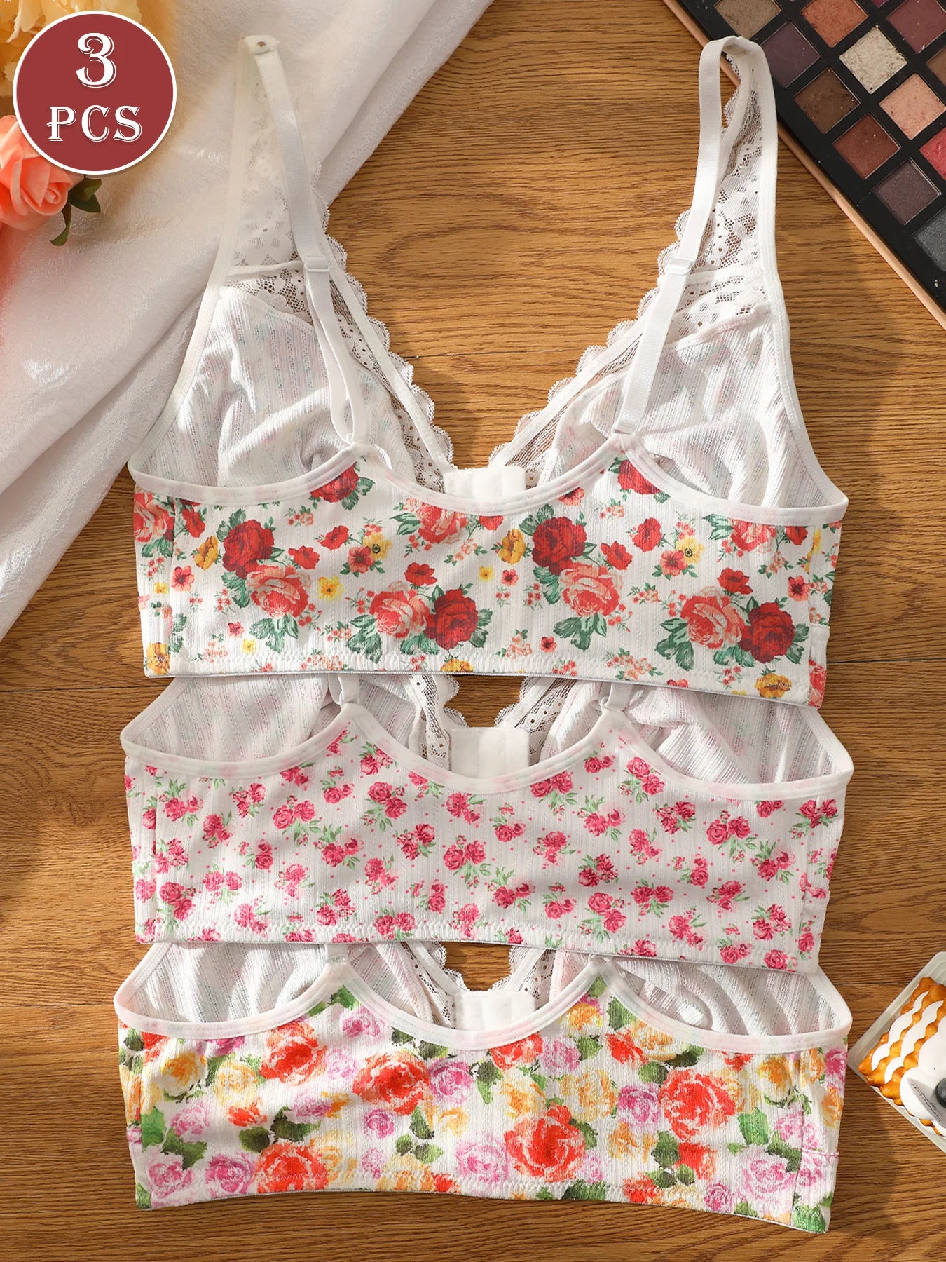 Three piece romantic and elegant floral printed lace bra with five rows of front buttons and adjustable shoulder straps