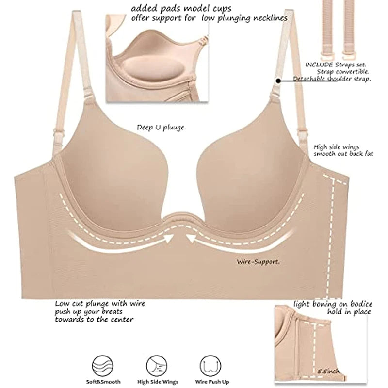Seam-free Womens Low Cut Plunge Bra Wire Lifting Deep U Shaped Multi-Way Push Up Convertible Plunge Backless Sexy Bra