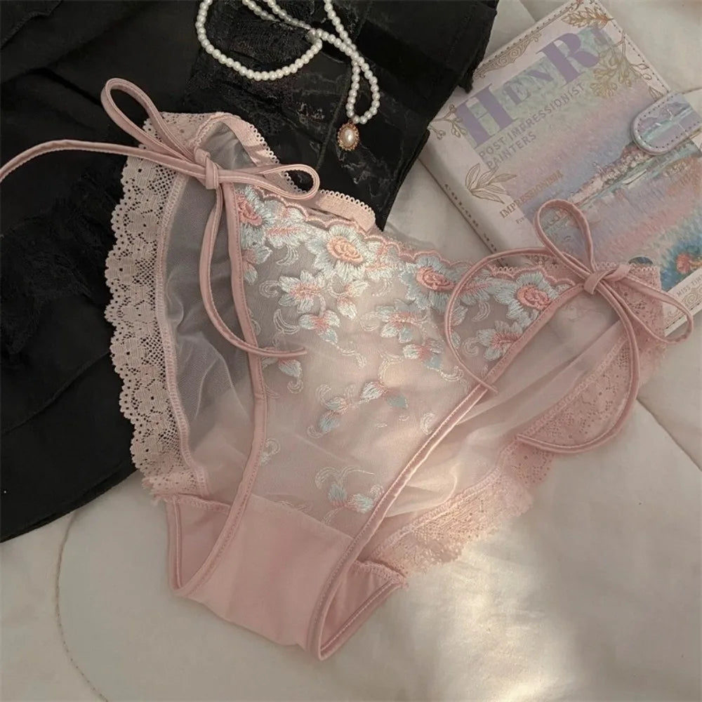 Lingerie Low Waist Embroidery Flower Panties Transparent Sweet Underwear for Women Cotton Crotch Lace-up Underwear Girl