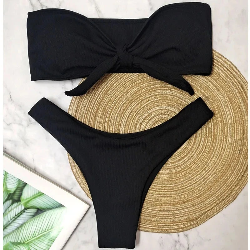 Brazilian Women's Low Waisted Thong Bikini Bottoms Solid Swimwear Red White Black Summer Push Up Bathing Suit for Beach Poolside