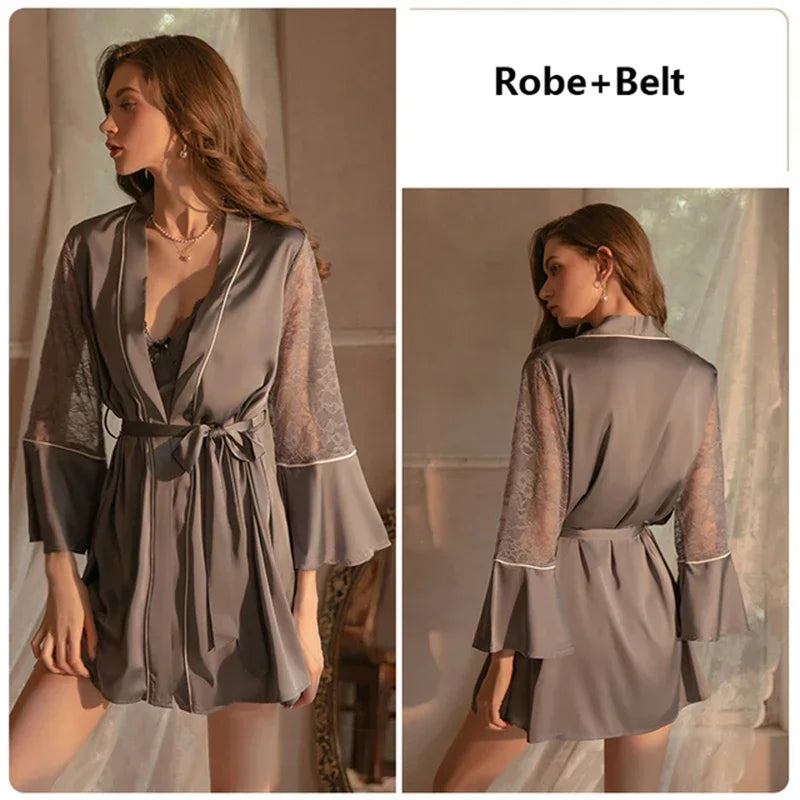 Women Sexy Lace Night Dress Sleepwear Robe Sets Lingerie Bridesmaid Gift Bathrobe Party Pajamas Nightgown Dressing Home Suit
