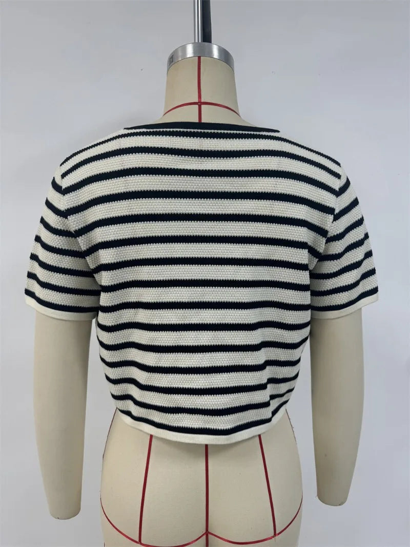 white black stripes short sleeve blouse for women turn-down collar V-neck cropped summer bikini tops hot girl boho beach tops