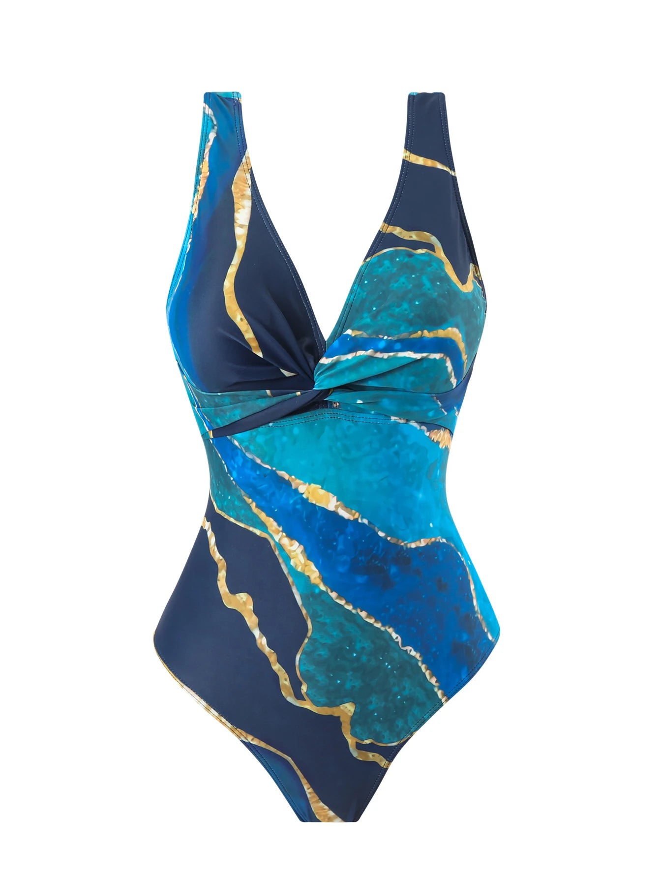 Women's One-Piece Swimsuit with V-Neck and Cross-Tie, Sexy and Elegant, Tummy-Concealing and Slimming, Popular European and American Style, Blue Marble Print Two-Piece Set with Mesh Overlay, Tie-Up, and Draped Skirt
