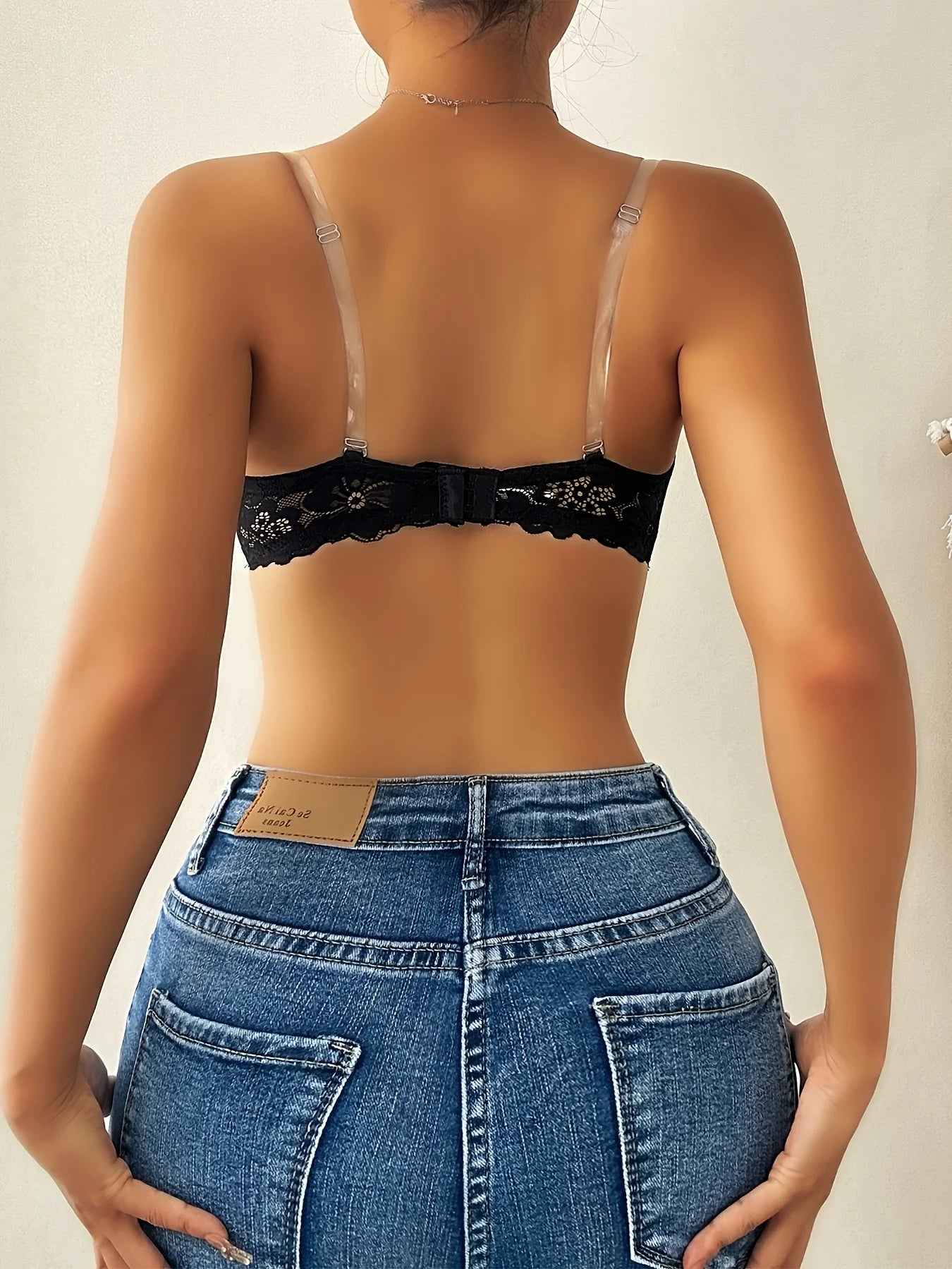 Solid-color floral lace semi-transparent strapless steel-cup plunge bra, sexy and comfortable front-opening and closing bra, wom