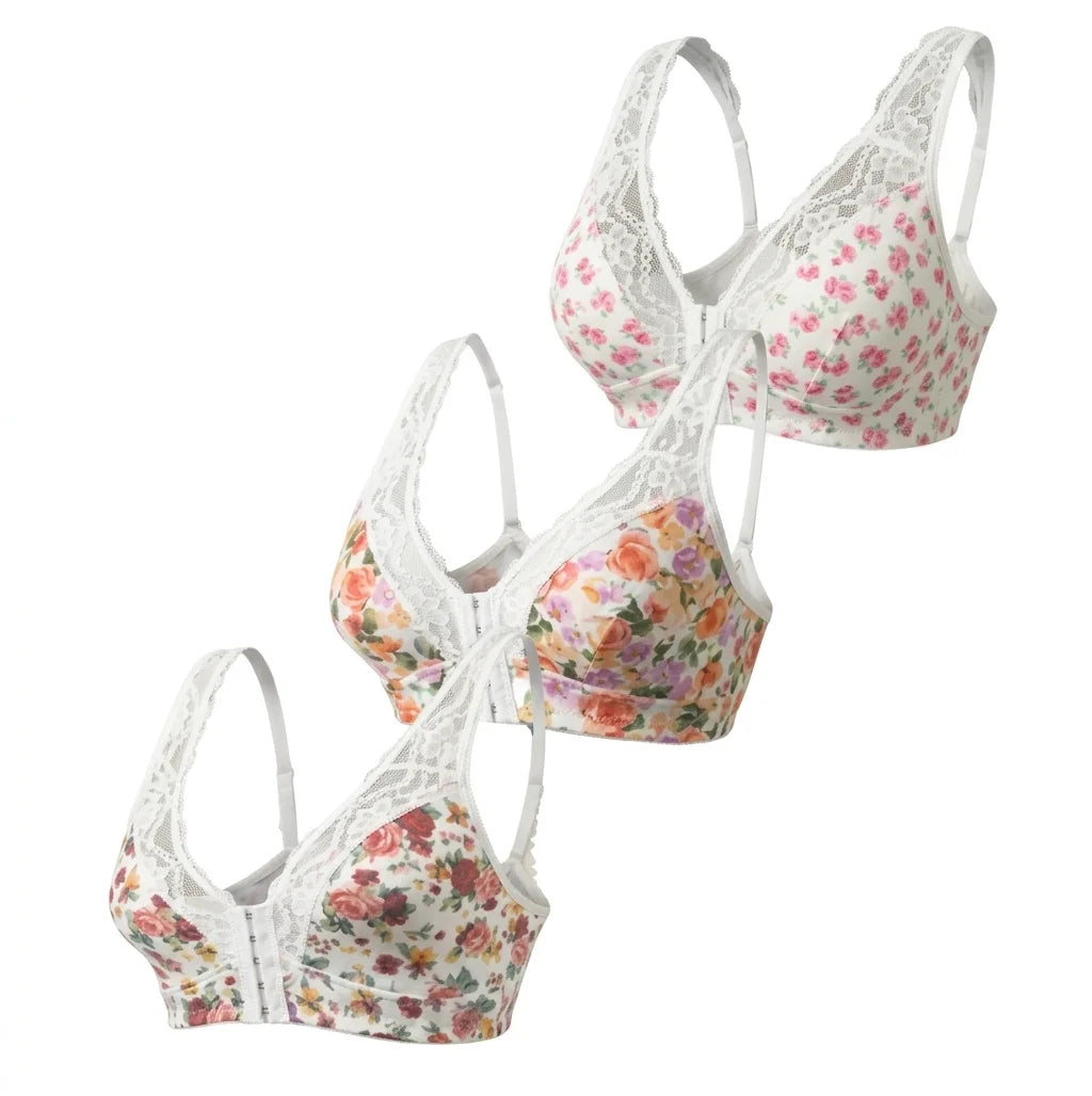 Three piece romantic and elegant floral printed lace bra with five rows of front buttons and adjustable shoulder straps