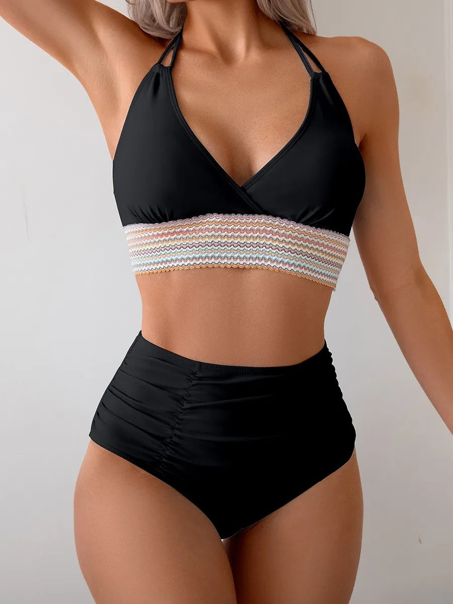 Black Halter Neck Bikini Navy Blue High Waisted Bikinis Olive Green Ruched Waist Swimwear Cropped Top Two Piece Swimsuit