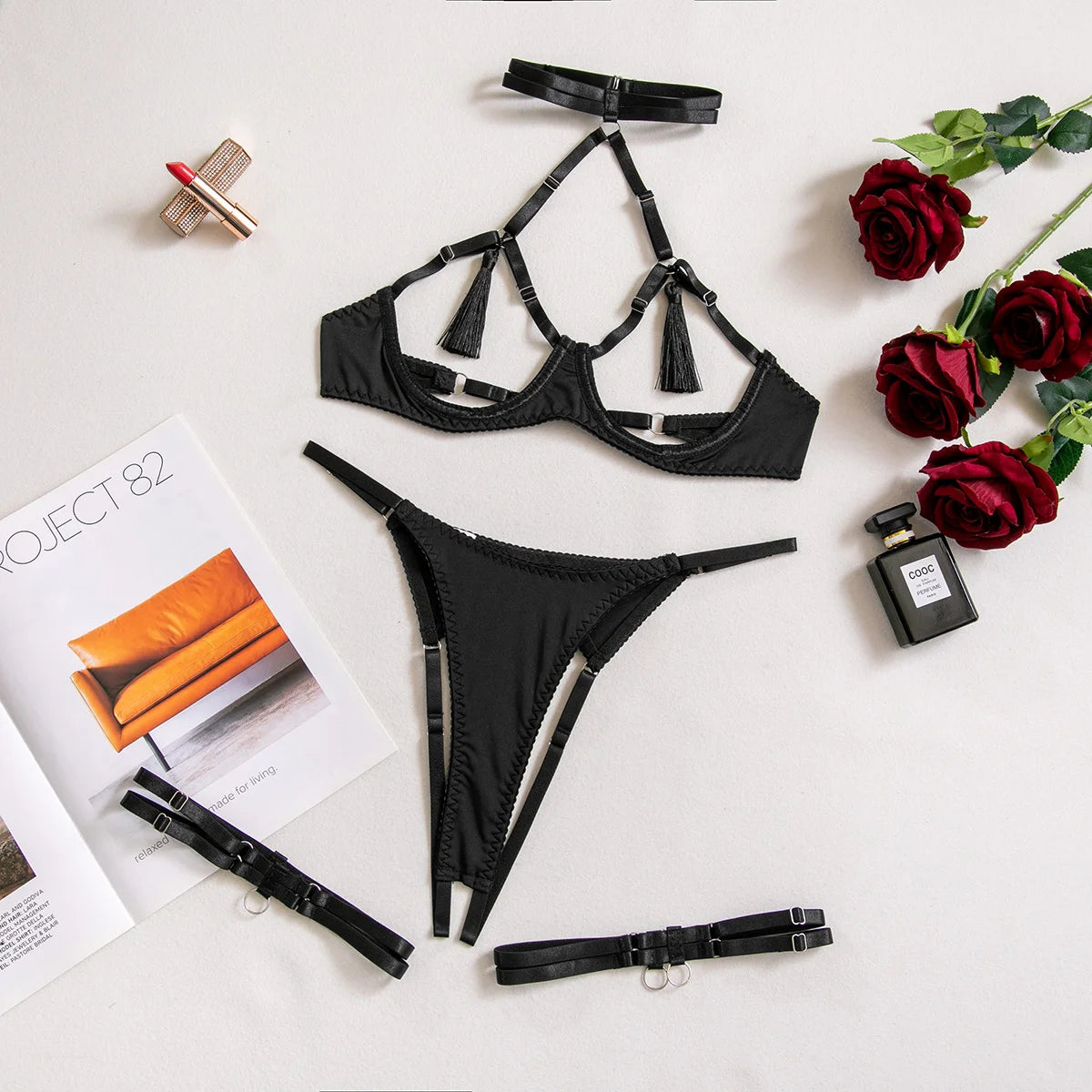 Tassel Lingerie Set Women Halter Cut Out Sexy Intimate Naked Crotchless Panties Exotic Sets Open Bra Back Open Brief Kit