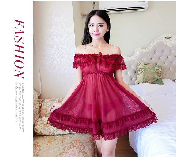 Sexy Lace Lingerie Set for Women Red Sleepwear Nightdress with Matching Panties Sheer Lace Camisole, Romantic Night