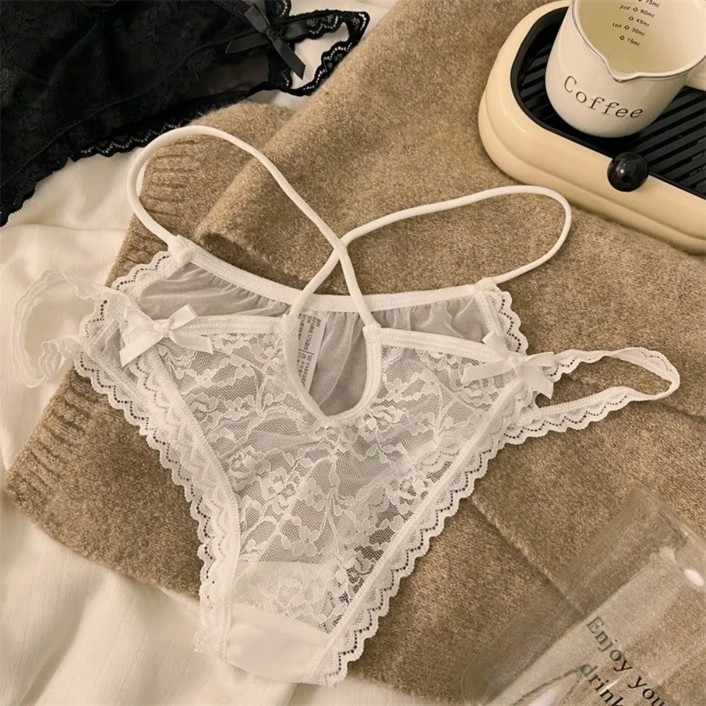 Lingerie Bow Lace Flower Panties Low Waist Hollow French Style Briefs Transparent Thin Strap Women Underwear Girl