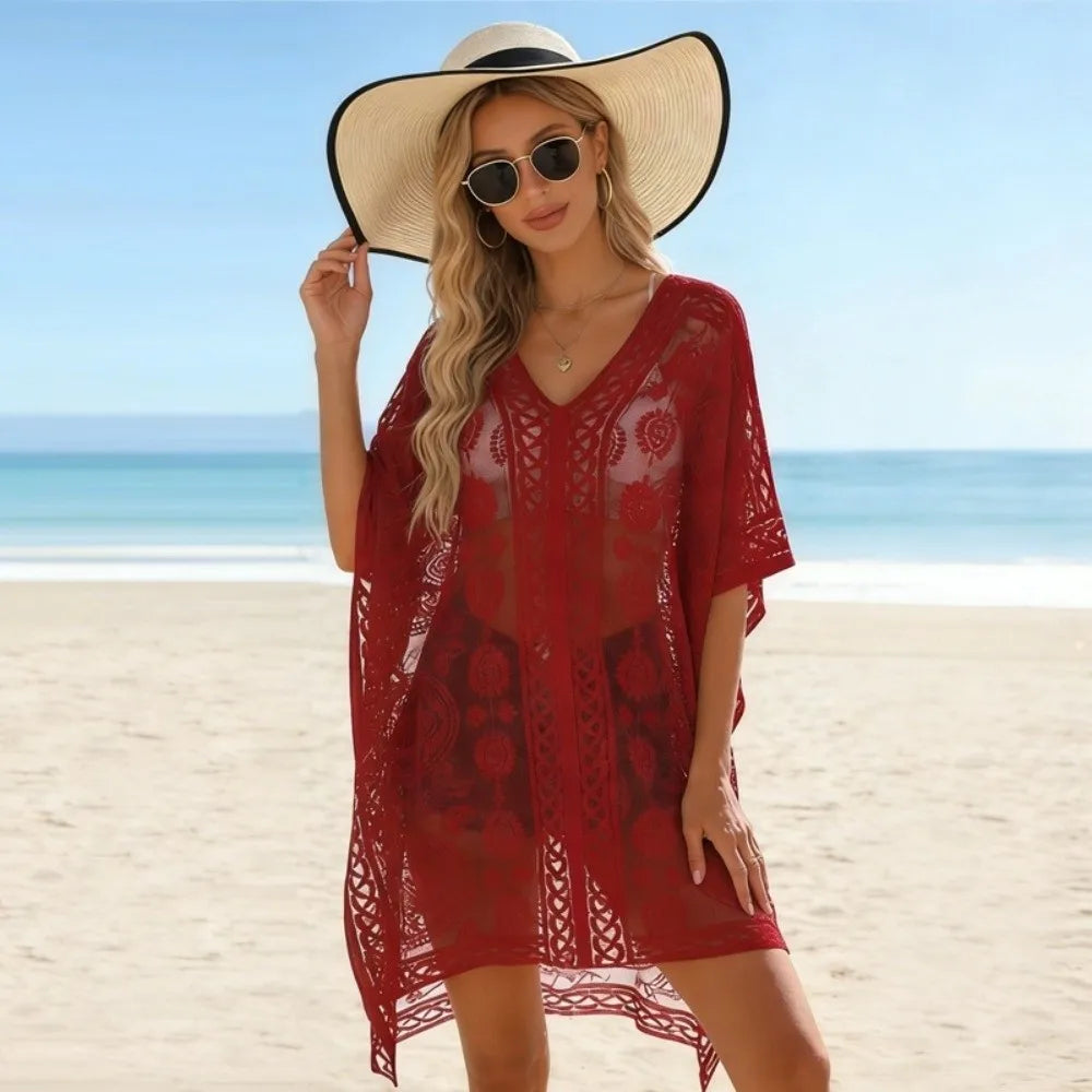 Breathable Lace Mesh Sunscreen Beach Cover Up Plus Size Casual Bohemian Shawl Floral Transparent Swimsuit Cover Up Lady
