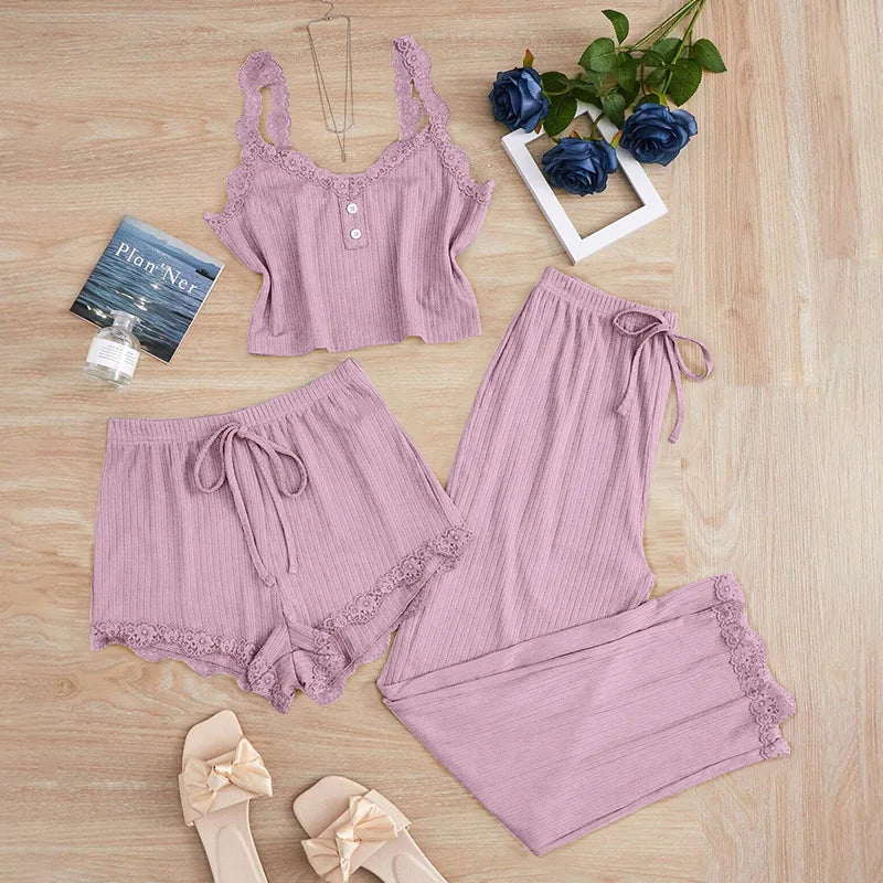 Summer 3PCS Pajama Sets for Women's Solid Vest Shorts and Pants Paired with Lace Splicing for Homewear Sexy Sleepwear Sets