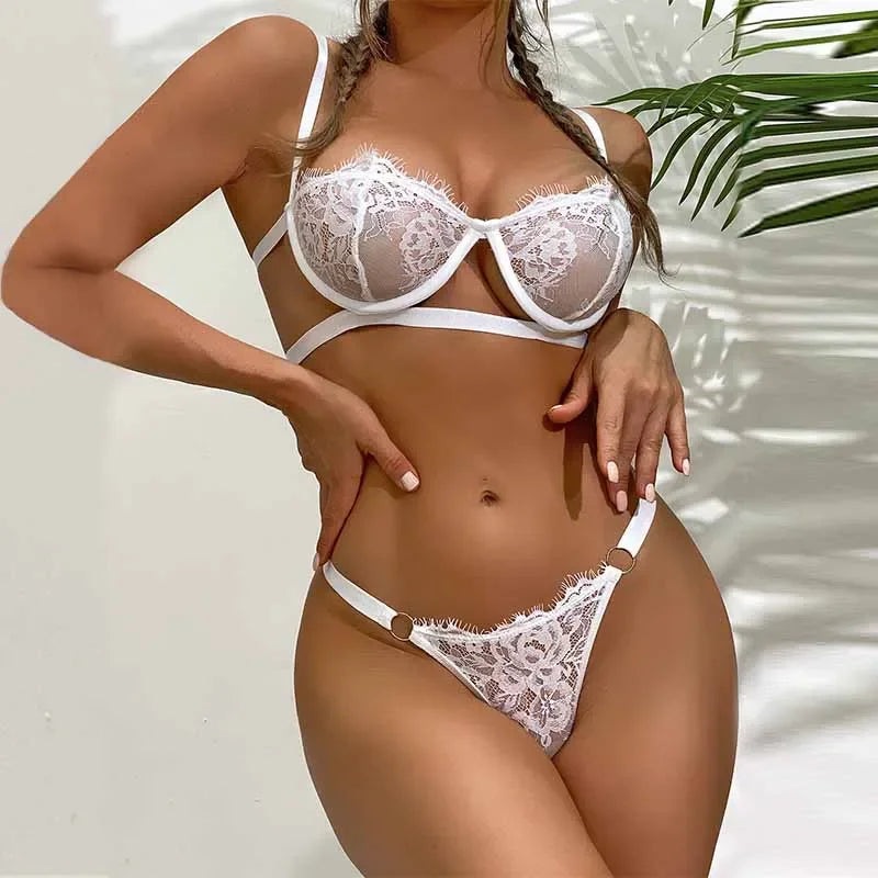 Sexy Lingerie Lace Open Bra Half Chest Cup Thong Underwear Sets Exotic Temptation Transparent Two Piece Set Erotic Costumes