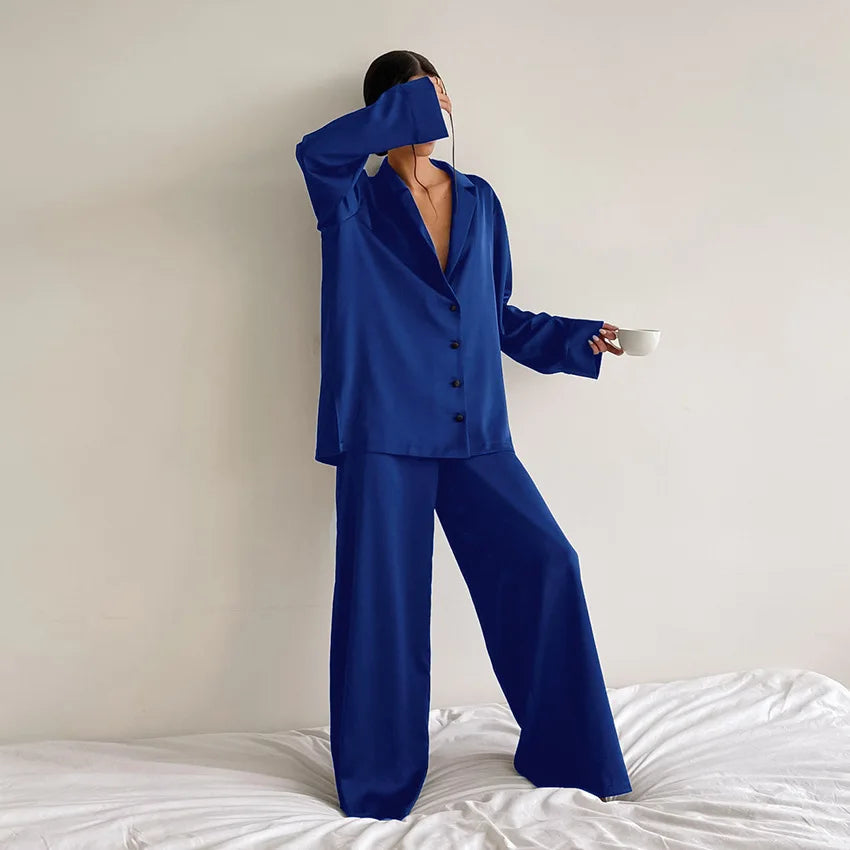 2026 Sexy Low Cut Pajama Sets for Women Loose Casual Long Sleeve Trouser Home Wear 2pcs Sets Solid Satin Silk Female Pijama Suit