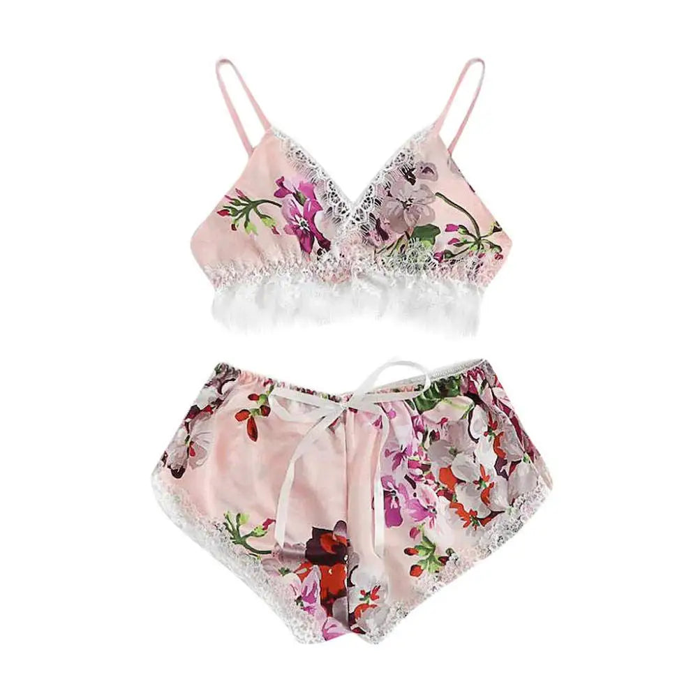2 PCS Sexy Lace Lingerie Set for Women Floral Print Cami and Lace Strap Sleepwear Sexy Nightwear for Comfort and Seduction