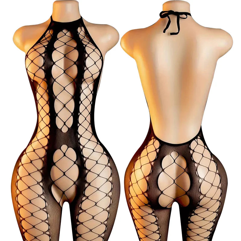Open Back Bras Body Suits Hanging Neck Bodystockings Erotic Crotchless Lingerie Women Black Sexy Fishnet Hollow Underwear Sets