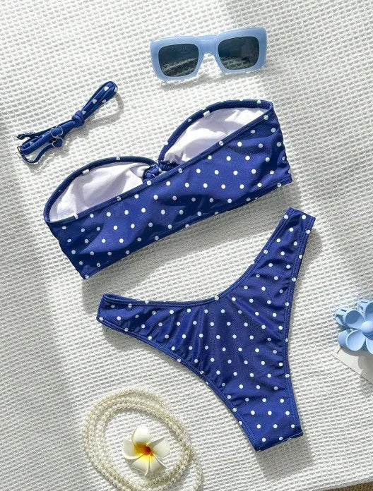 2026 Bikini Woman 2025 Swimsuit Women Printed Bikinis Black Bandeau Top Thong Bottom Swimwear Polka Dot Two Piece High Cut
