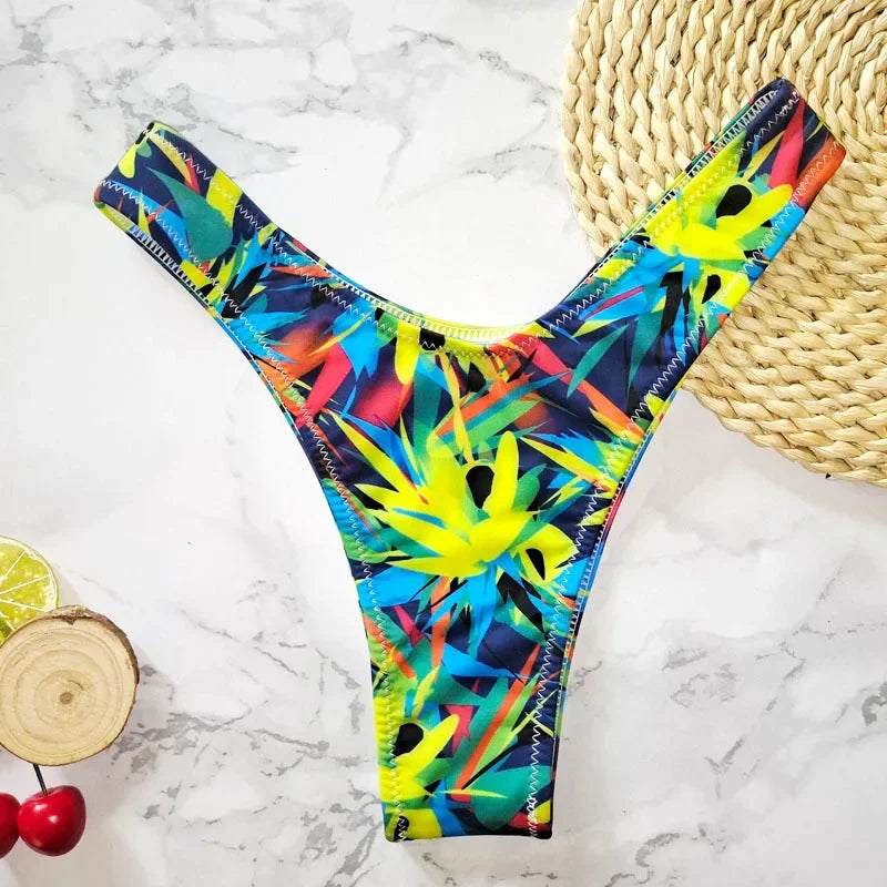 New Floral Print Brazilian Bikini Bottom Women's Swimwear High Waisted Sexy V Thong Swimsuit Bathing Suit Women Swimwear Women