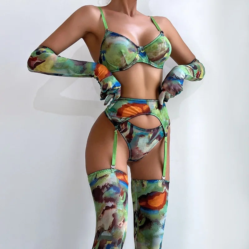 5 Pieces Lingerie Set Women Nightwear tie-dye Printed Halloween Underwear Bras Panties Golves Stocking Erotic Laungerie Set