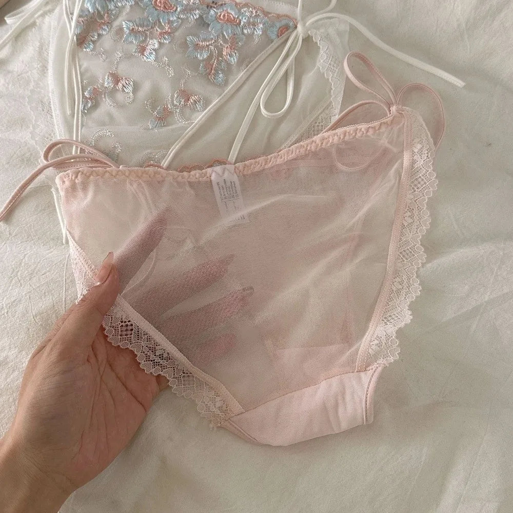 Lingerie Low Waist Embroidery Flower Panties Transparent Sweet Underwear for Women Cotton Crotch Lace-up Underwear Girl