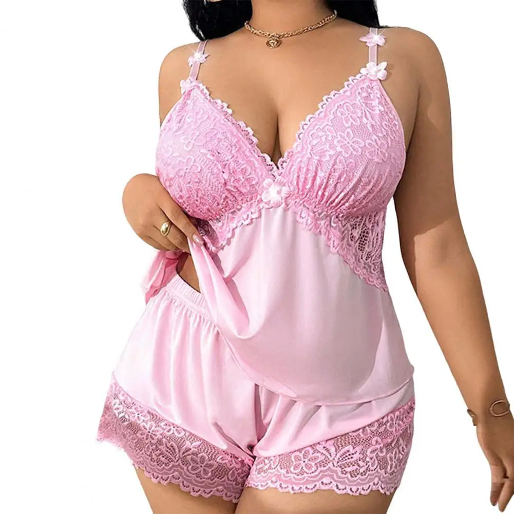 Women Plus Size Pajamas Set Sexy Lace Trim Cami Sleeveless Top And Shorts Nightwear Set Two-Piece Camisole Lounge Sleepwear Set