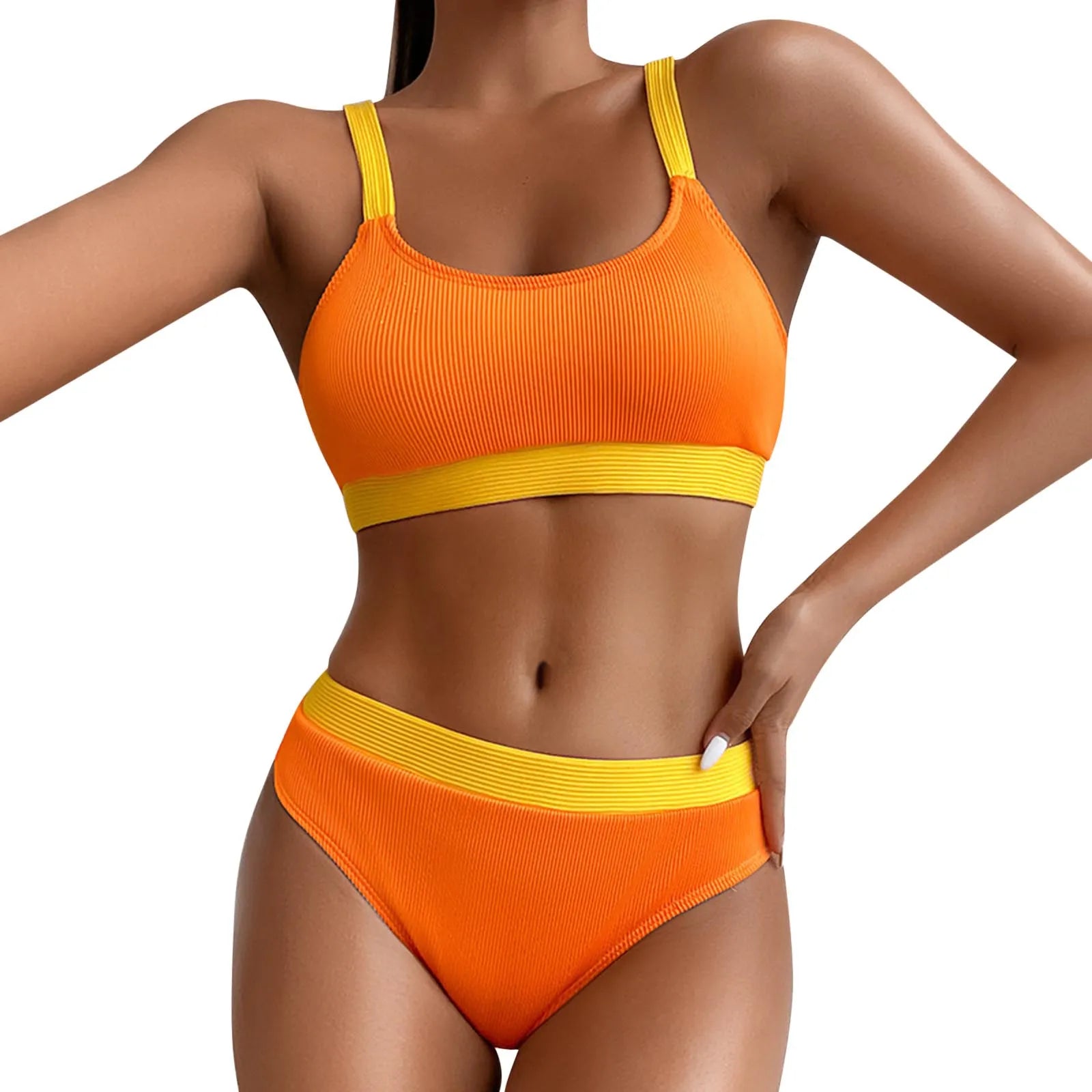 Color Block Swimsuits for Women Crew Neck Ribbed Stripe Bikini Bra High Waist Traceless Breath Comfty Fashion Bikinis Shorts